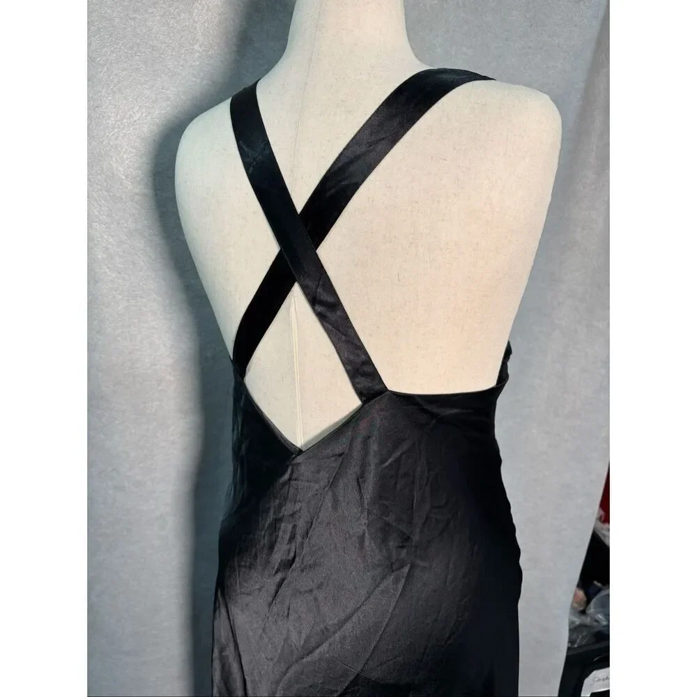 Vintage Judith Hart Black Satin Slip Dress 3X Cross Back Bias Cut Maxi Y2K